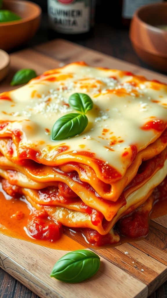 Gourmet three cheese lasagna with melted mozzarella, marinara sauce, and fresh basil, served on a rustic wooden table.